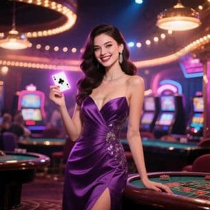 Dealer kasino langsung sedang mengelola kartu di layar digital
